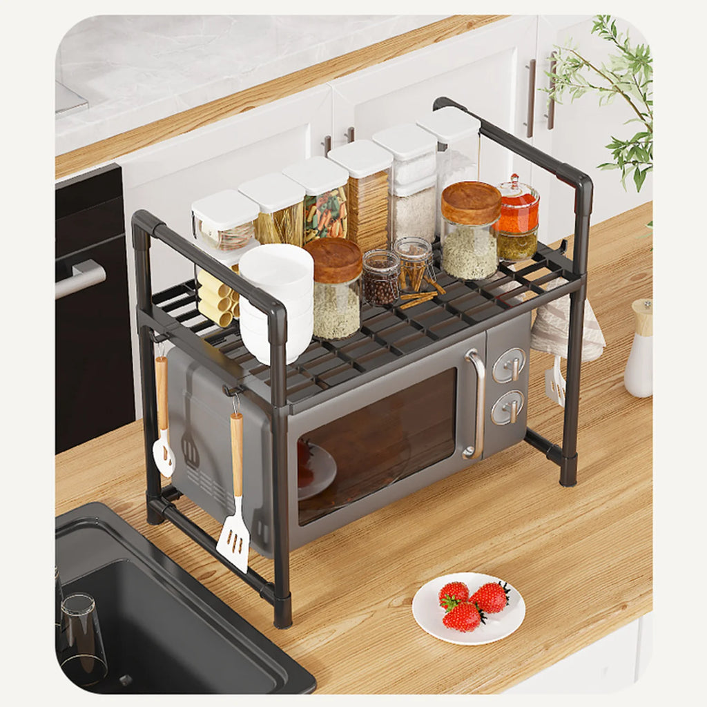 Kitchen Storage Rack Microwave Shelf Countertop Organizer with Hooks