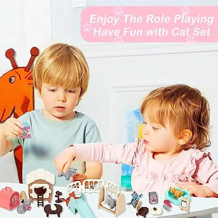Kids Cat Pretend Play Toy Set Interactive Cat Care Center