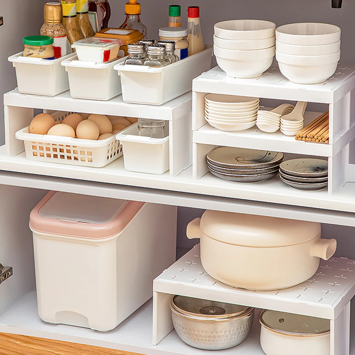 Stackable Kitchen Cabinet Organizer Plastic Shelf for Dishes and Cups