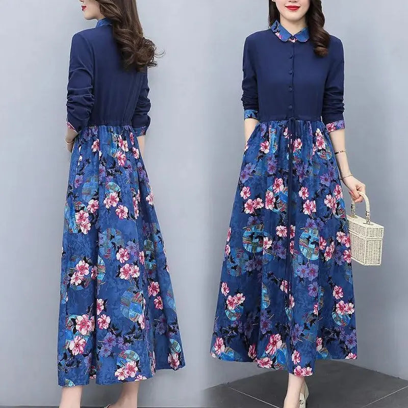 Womens Casual Printed Long Dress Turn Down Collar Drawstring