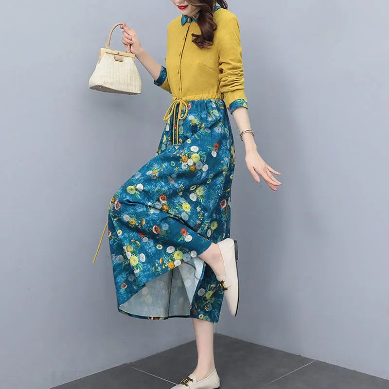 Womens Casual Printed Long Dress Turn Down Collar Drawstring
