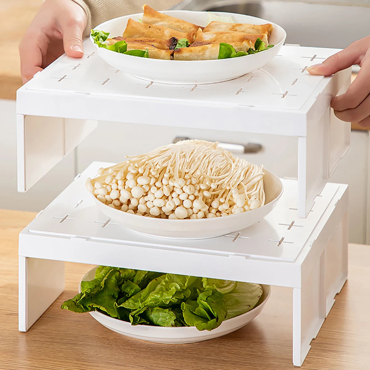 Stackable Kitchen Cabinet Organizer Plastic Shelf for Dishes and Cups