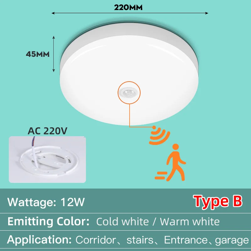 LED Ceiling Light with Motion Sensor 12W–40W Entrance Corridor Lamp