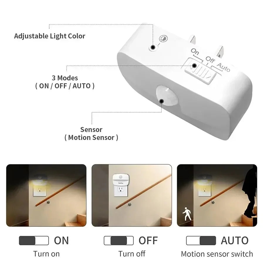 LED Motion Sensor Night Light Dimmable Plug Lamp for Bedroom Hallway
