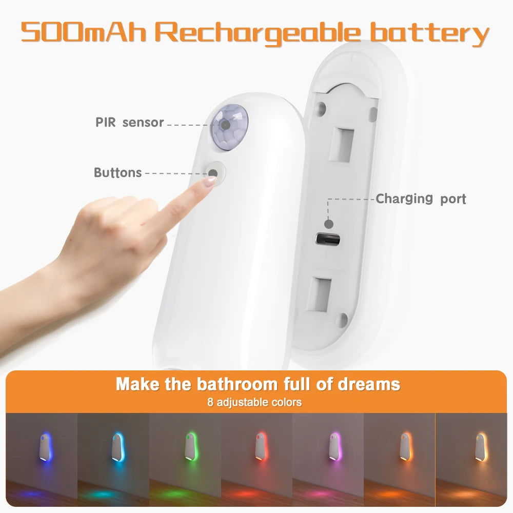 LED Motion Sensor Toilet Night Light USB Rechargeable 8 Color Lamp