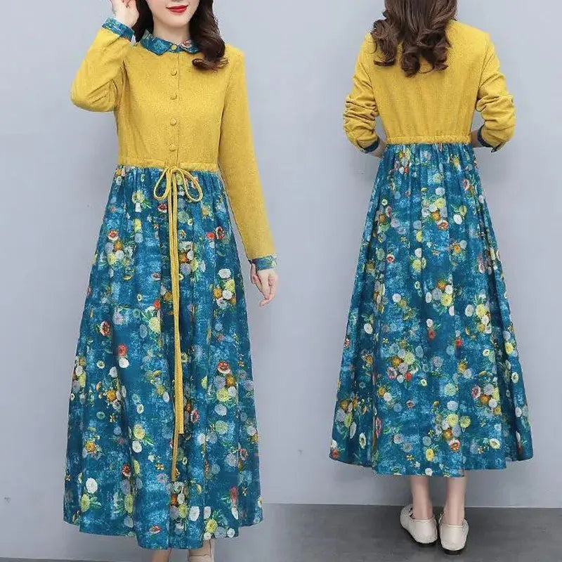 Womens Casual Printed Long Dress Turn Down Collar Drawstring