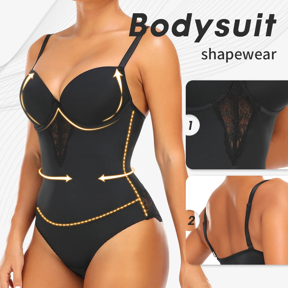 Womens Lace Bodysuit Shapewear V Neck Body Shaper with Bra