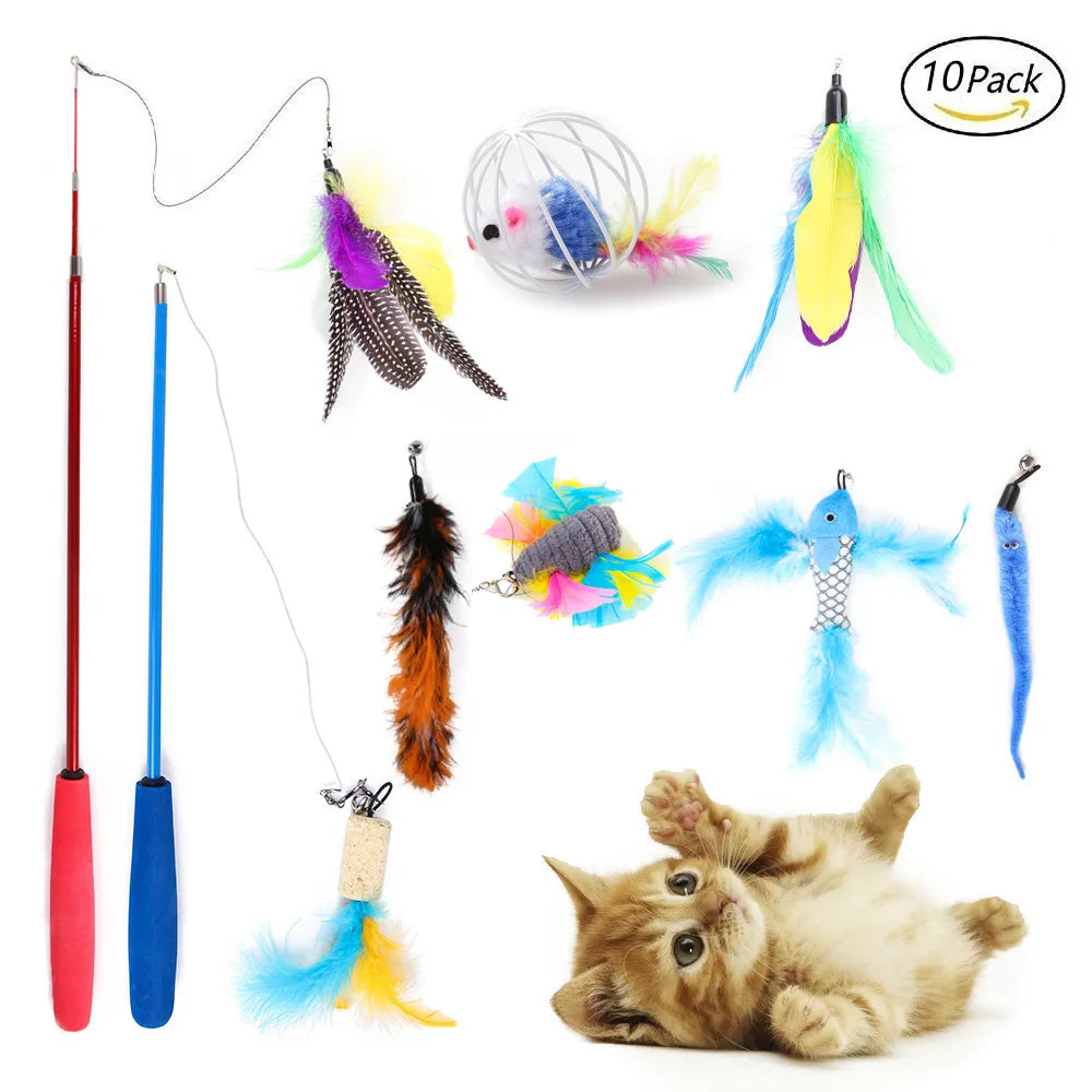 Interactive Cat Toy Set Teaser Wand and Plush Mouse for Kittens