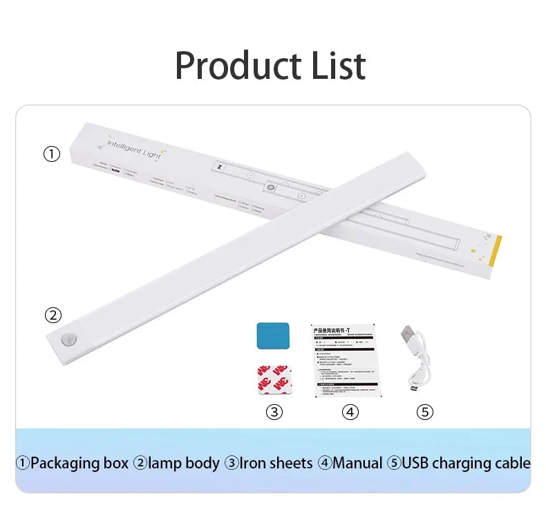 LED Motion Sensor Bar Light USB Rechargeable Cabinet Night Light