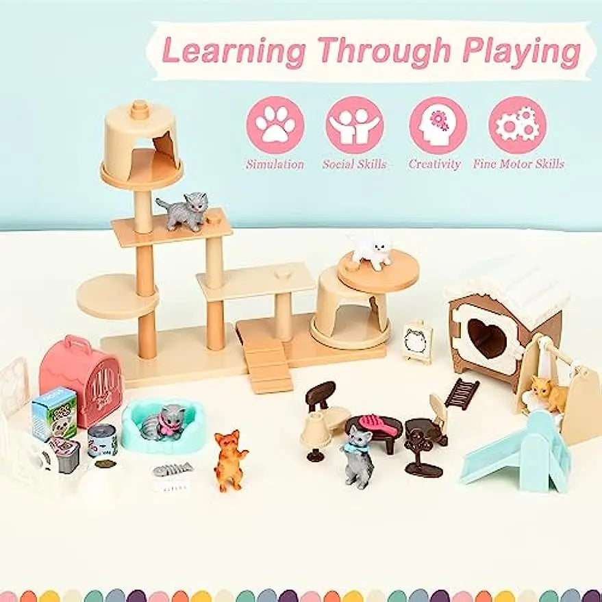 Kids Cat Pretend Play Toy Set Interactive Cat Care Center