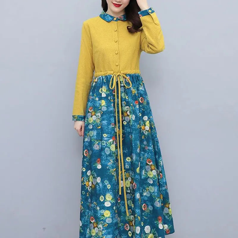 Womens Casual Printed Long Dress Turn Down Collar Drawstring