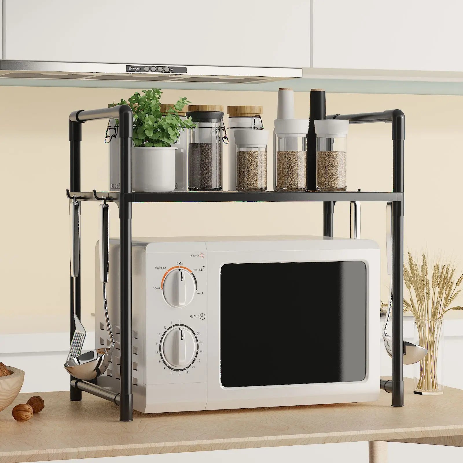 Kitchen Storage Rack Microwave Shelf Countertop Organizer with Hooks