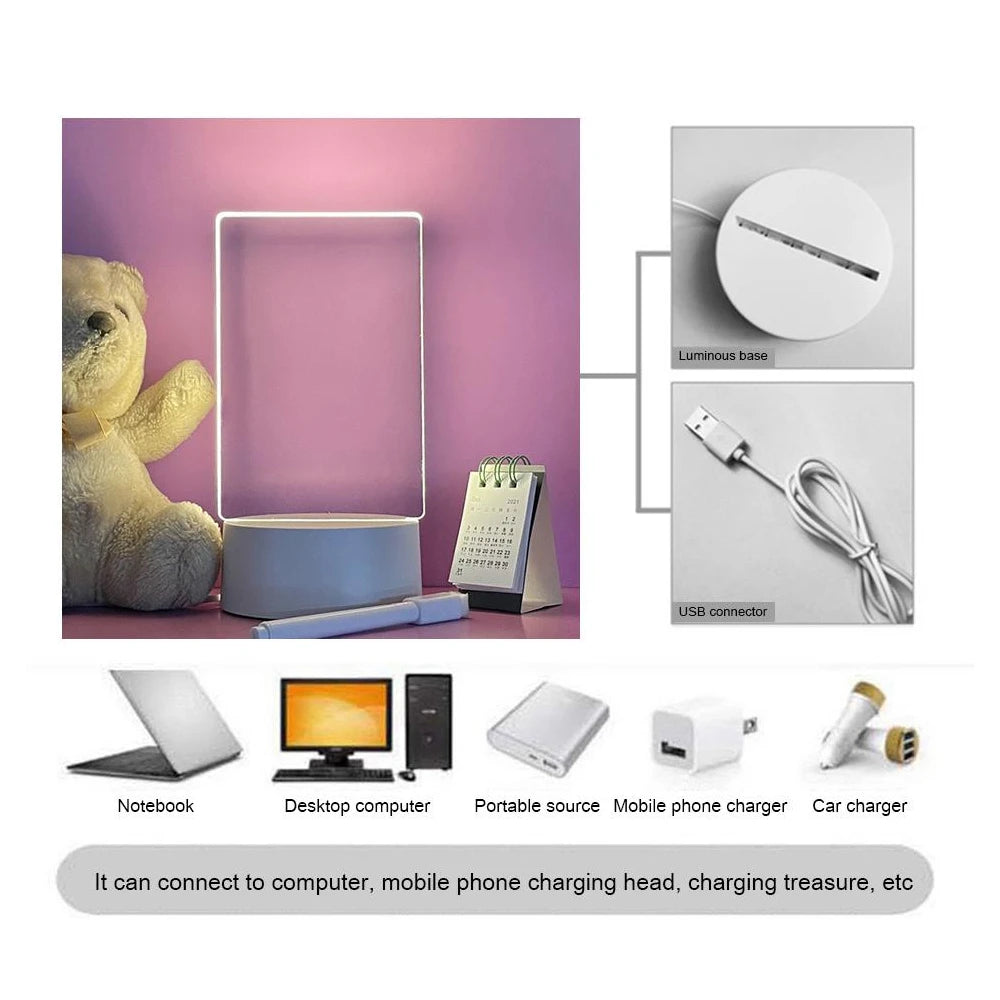 Transparent Acrylic LED Night Light Message Board Calendar Desk Lamp