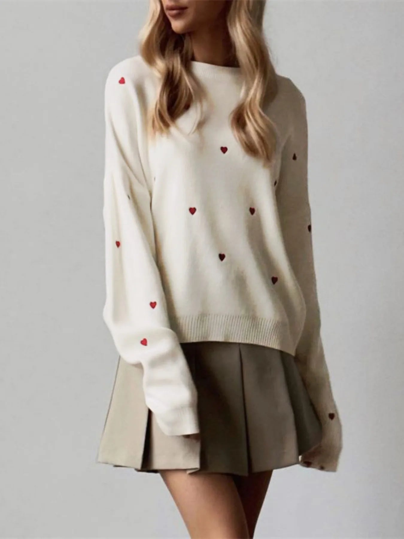 Heart-Shape Embroidery Oversized Knit Sweater Pullover