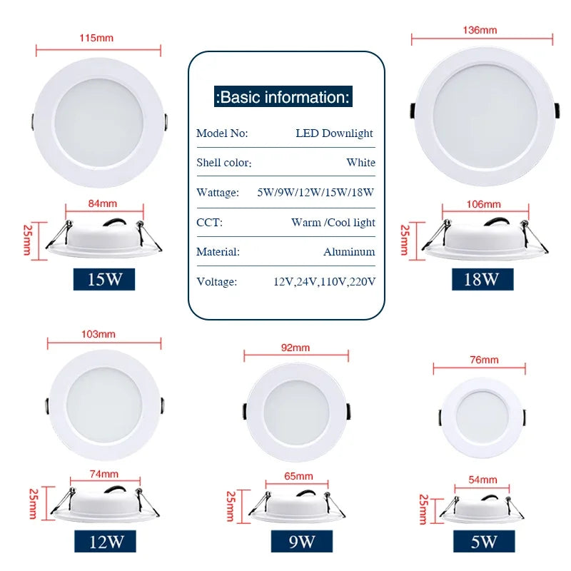 LED Recessed Ceiling Downlight 5W 9W 12W 15W 18W Round Panel Light