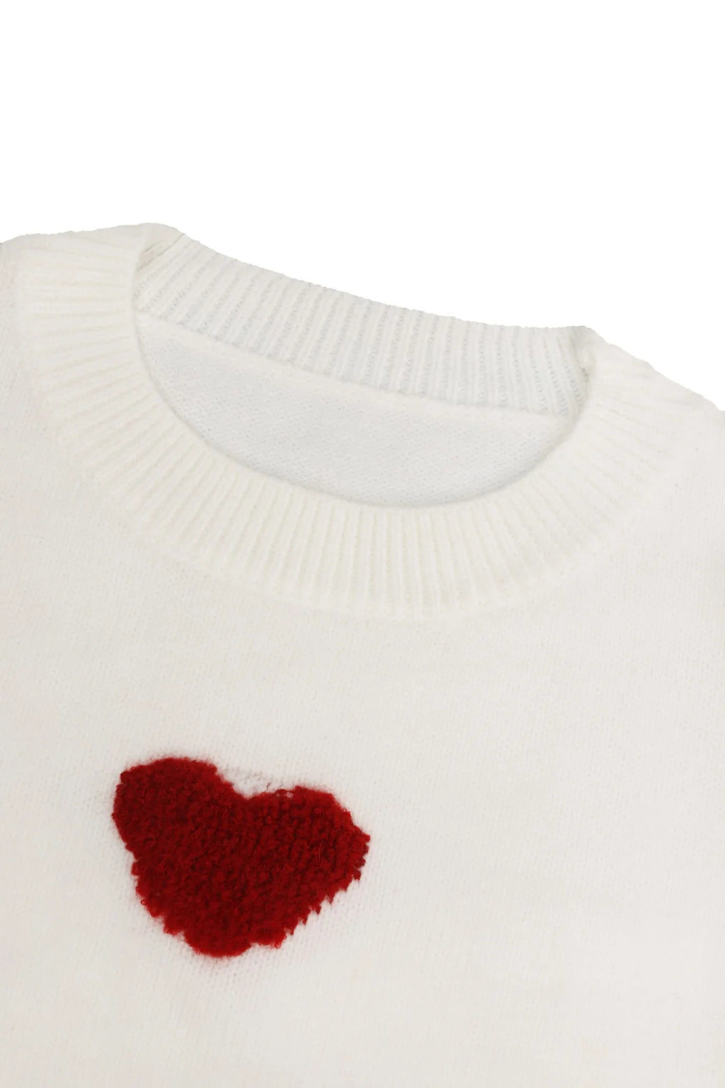 Women's White Red Heart Print Knit Sweater Crew Neck Oversized Casual Long Sleeve Pullover