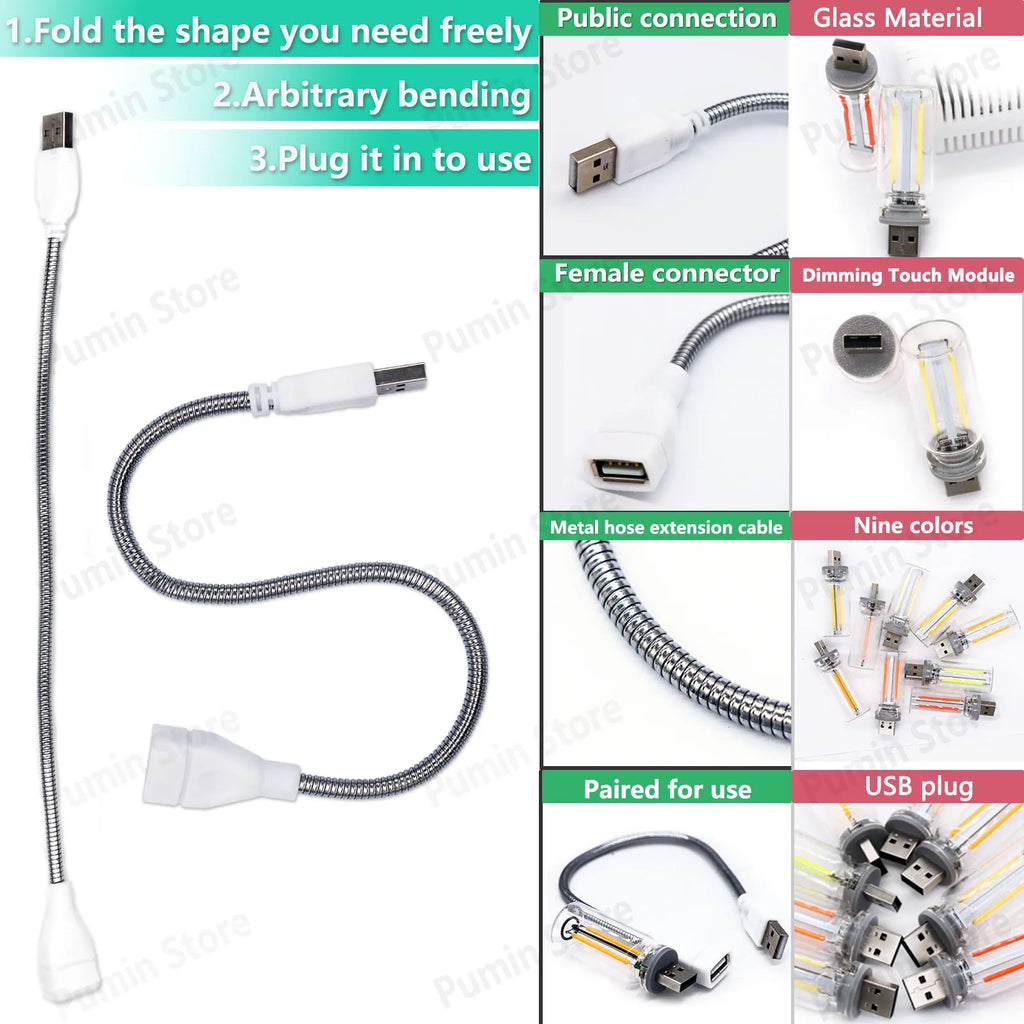 USB Bendable LED Night Light Colorful Flexible Metal Hose Lamp