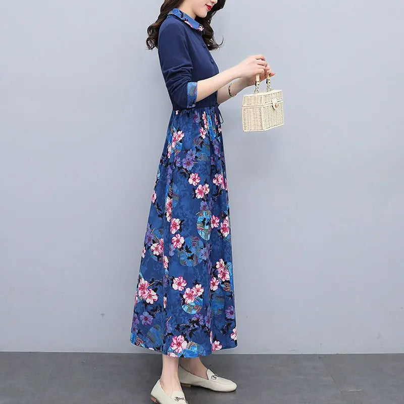 Womens Casual Printed Long Dress Turn Down Collar Drawstring