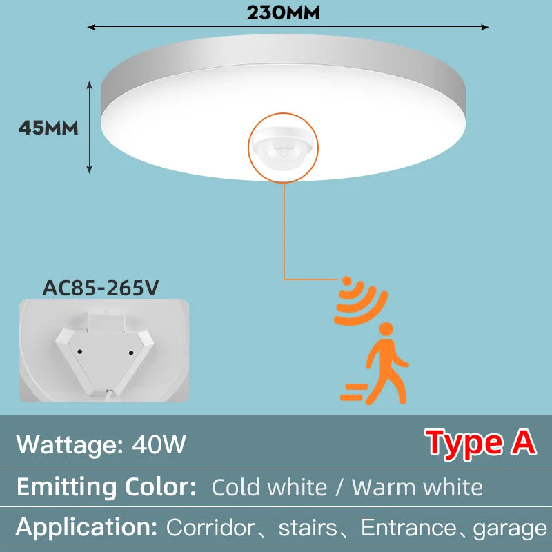 LED Ceiling Light with Motion Sensor 12W–40W Entrance Corridor Lamp