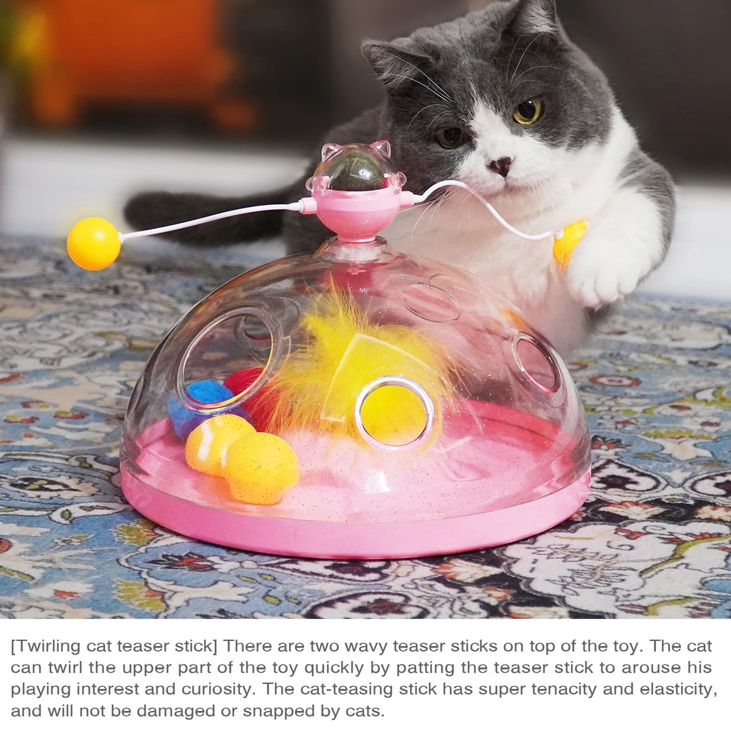 Interactive Cat Puzzle Toy Spinning Track Ball and Feather Teaser