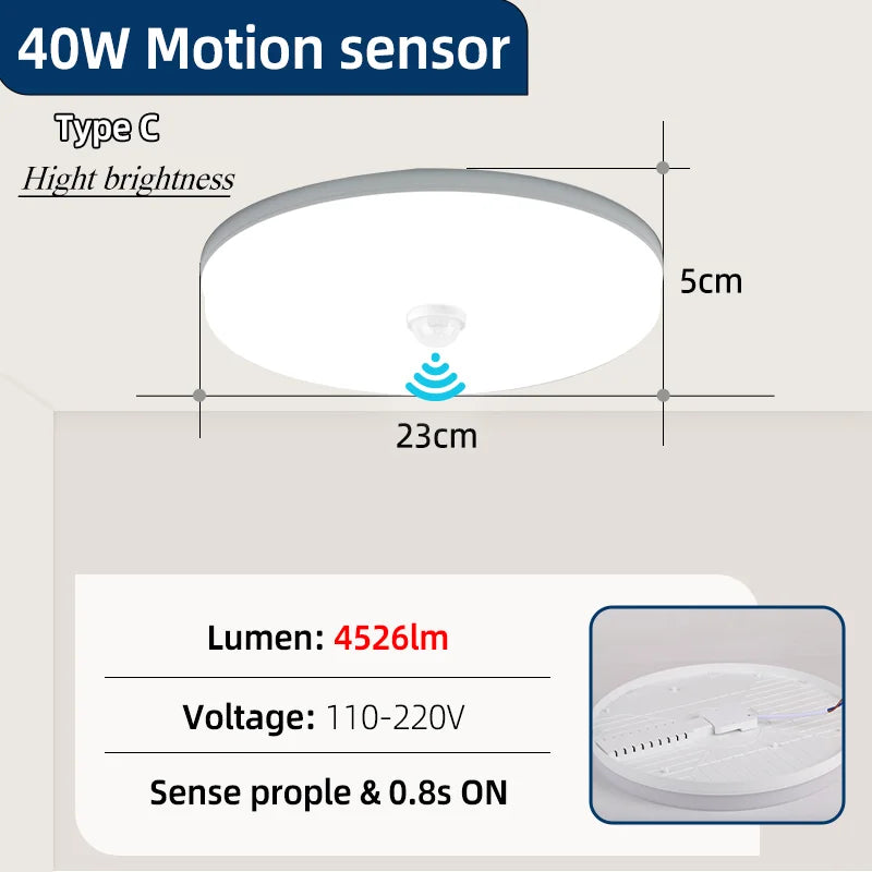 LED Ceiling Light with Motion Sensor 12W–40W Entrance Corridor Lamp