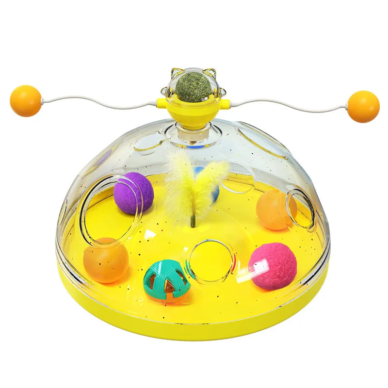 Interactive Cat Puzzle Toy Spinning Track Ball and Feather Teaser