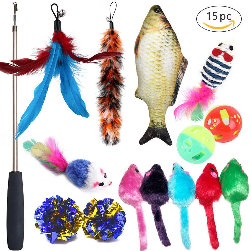 Interactive Cat Toy Set Teaser Wand and Plush Mouse for Kittens