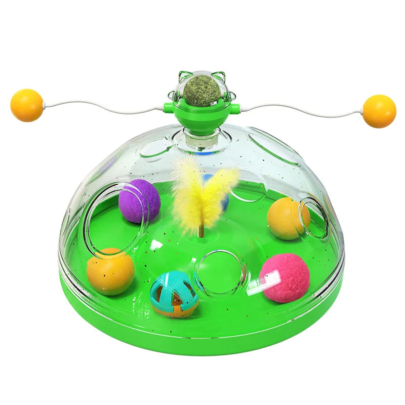 Interactive Cat Puzzle Toy Spinning Track Ball and Feather Teaser