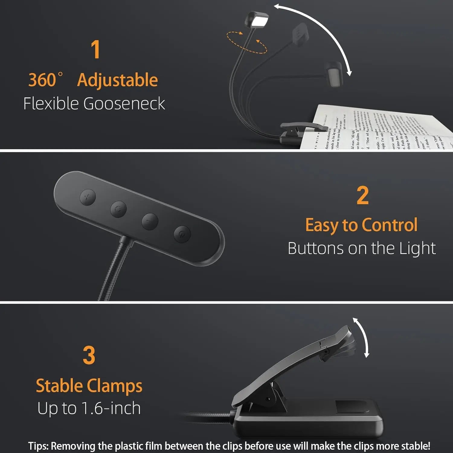 USB Rechargeable LED Book Light Clip On Reading Lamp
