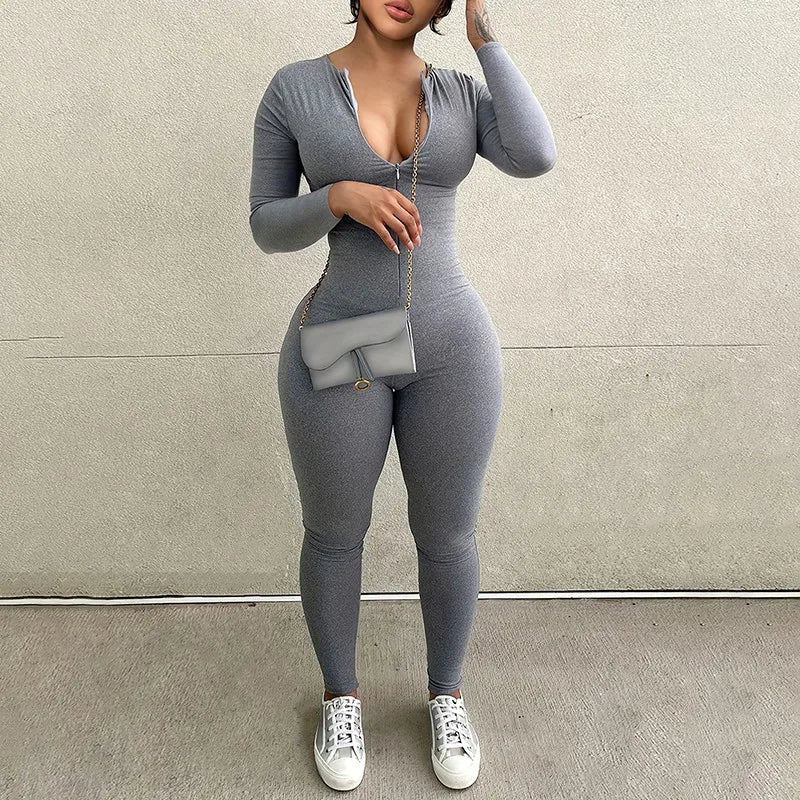 Womens Long Sleeve Bodycon Jumpsuit Zipper Fitness Yoga Romper