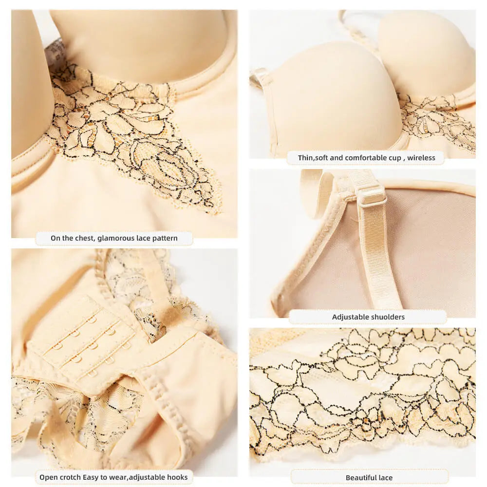 Womens Lace Bodysuit Shapewear V Neck Body Shaper with Bra