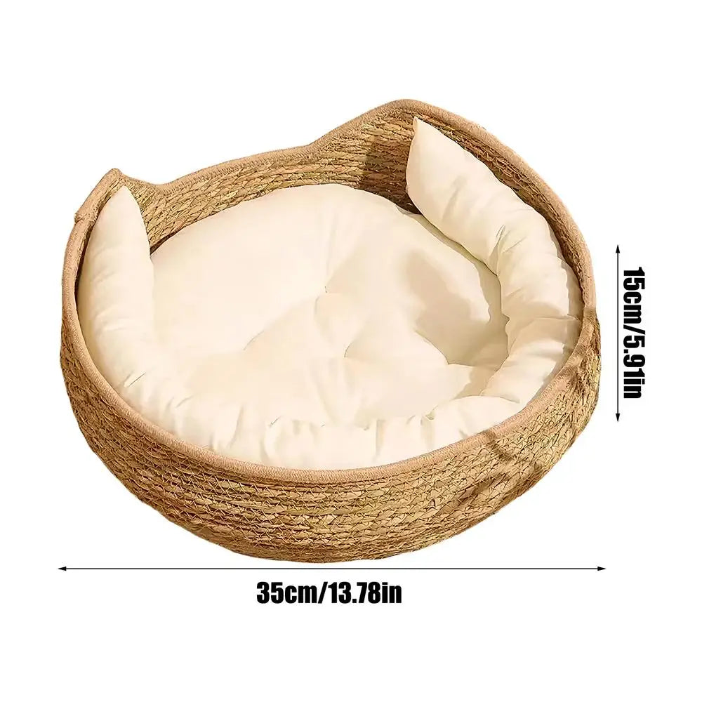 Soft Pet Bed Bamboo Woven Cat Dog Sofa with Removable Cushion