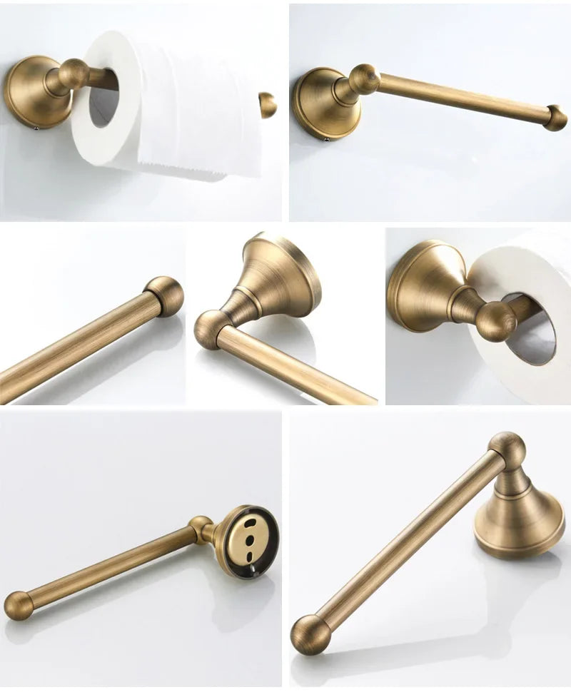Antique Brass Bathroom Hardware Set Paper Holder Towel Ring Hook