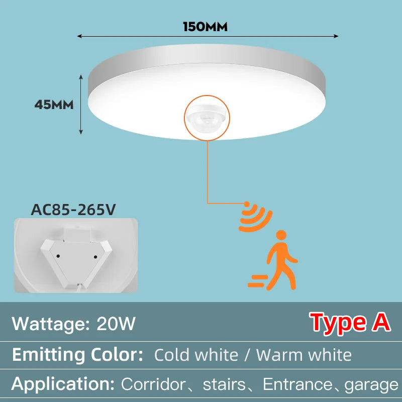 LED Ceiling Light with Motion Sensor 12W–40W Entrance Corridor Lamp