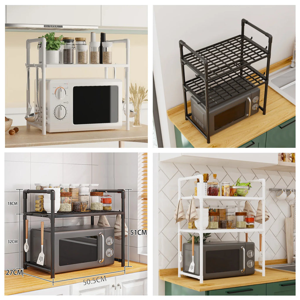Kitchen Storage Rack Microwave Shelf Countertop Organizer with Hooks