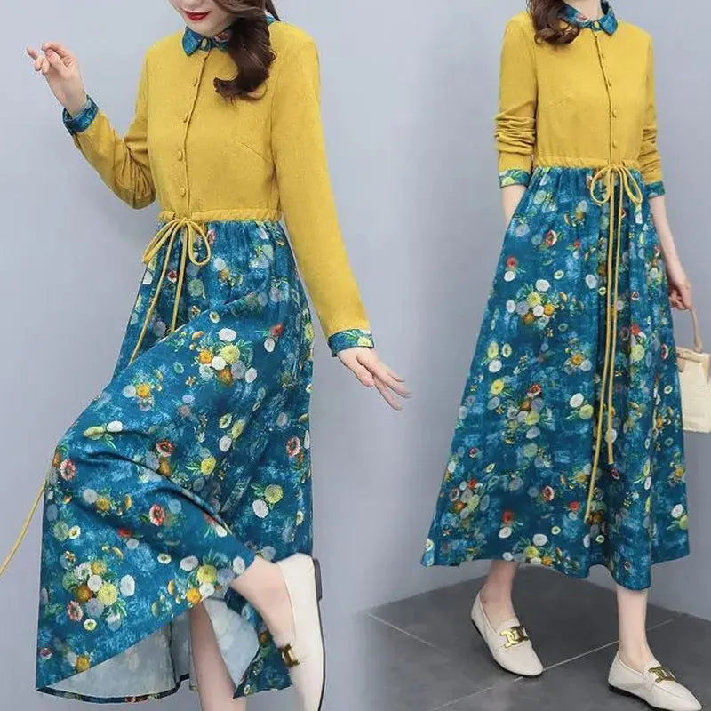 Womens Casual Printed Long Dress Turn Down Collar Drawstring