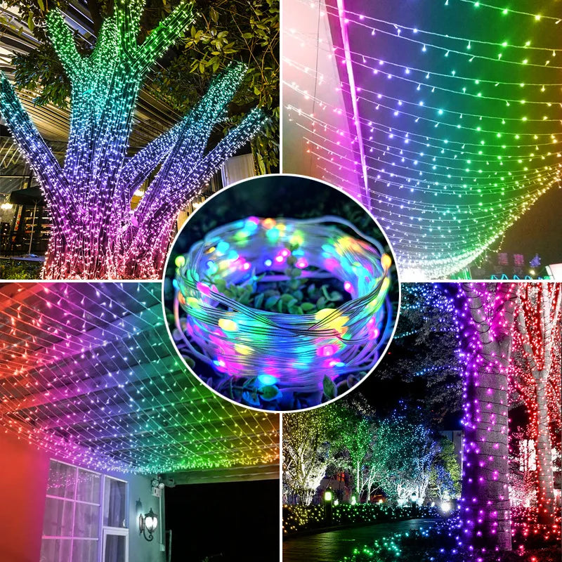 Bluetooth RGB LED String Lights Rainbow Flowing Copper Wire Festive Decor
