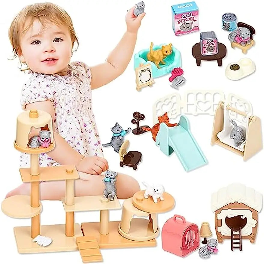 Kids Cat Pretend Play Toy Set Interactive Cat Care Center
