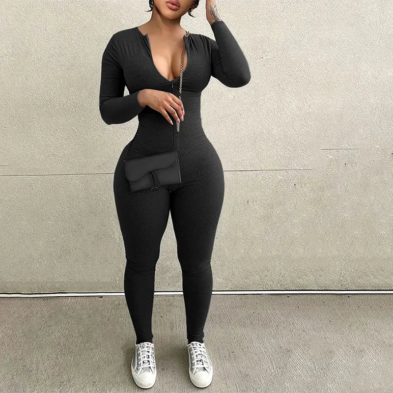 Womens Long Sleeve Bodycon Jumpsuit Zipper Fitness Yoga Romper
