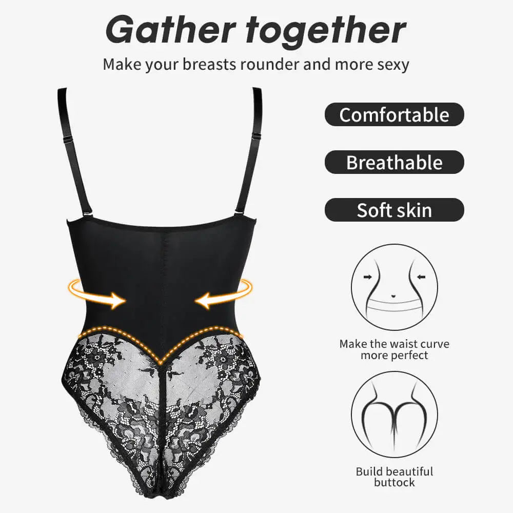 Womens Lace Bodysuit Shapewear V Neck Body Shaper with Bra