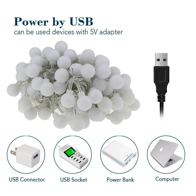 USB LED Festoon String Lights Waterproof Ball Fairy Lights