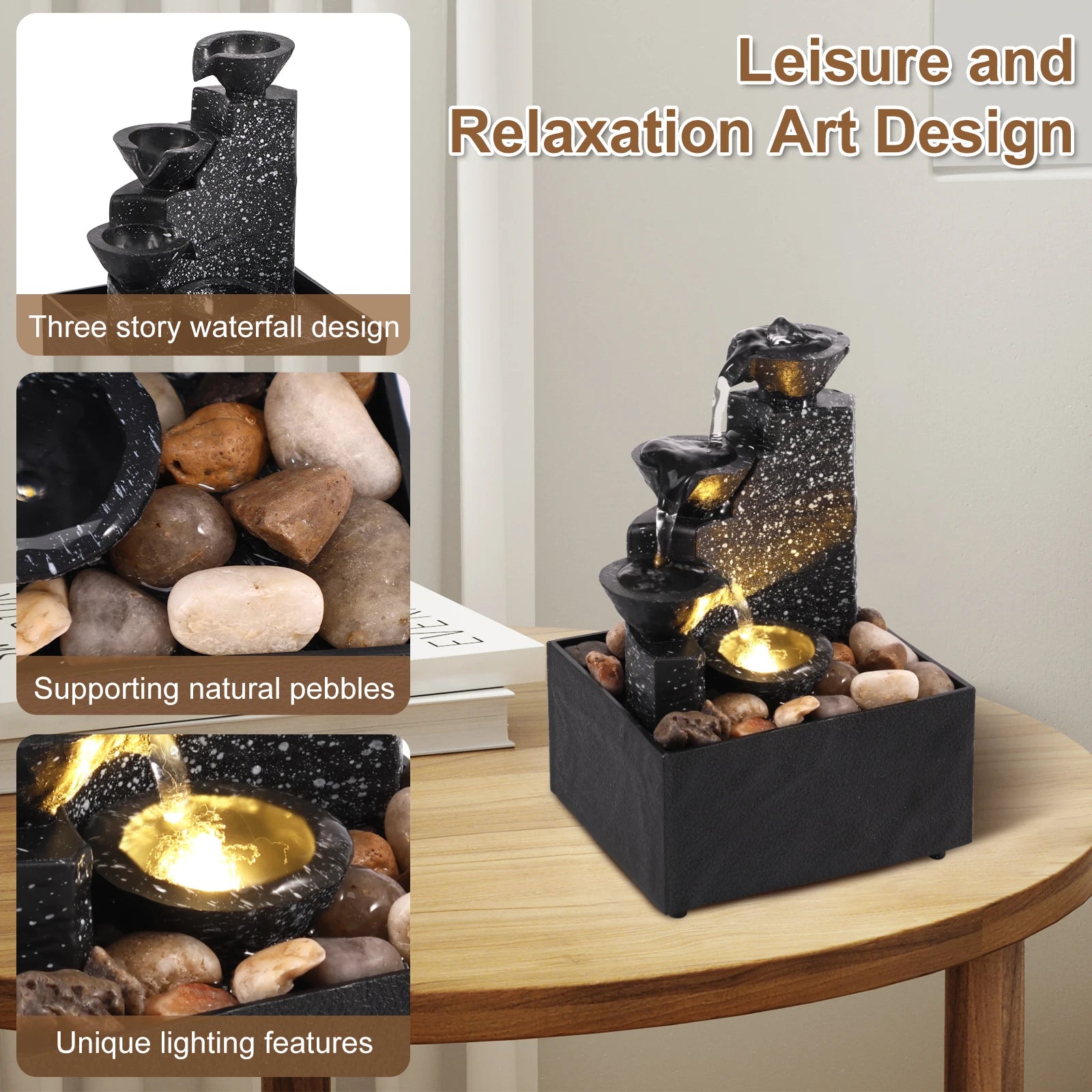 Tabletop Waterfall Fountain Relaxation Meditation Home Decor with Lights