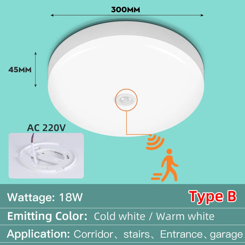 LED Ceiling Light with Motion Sensor 12W–40W Entrance Corridor Lamp