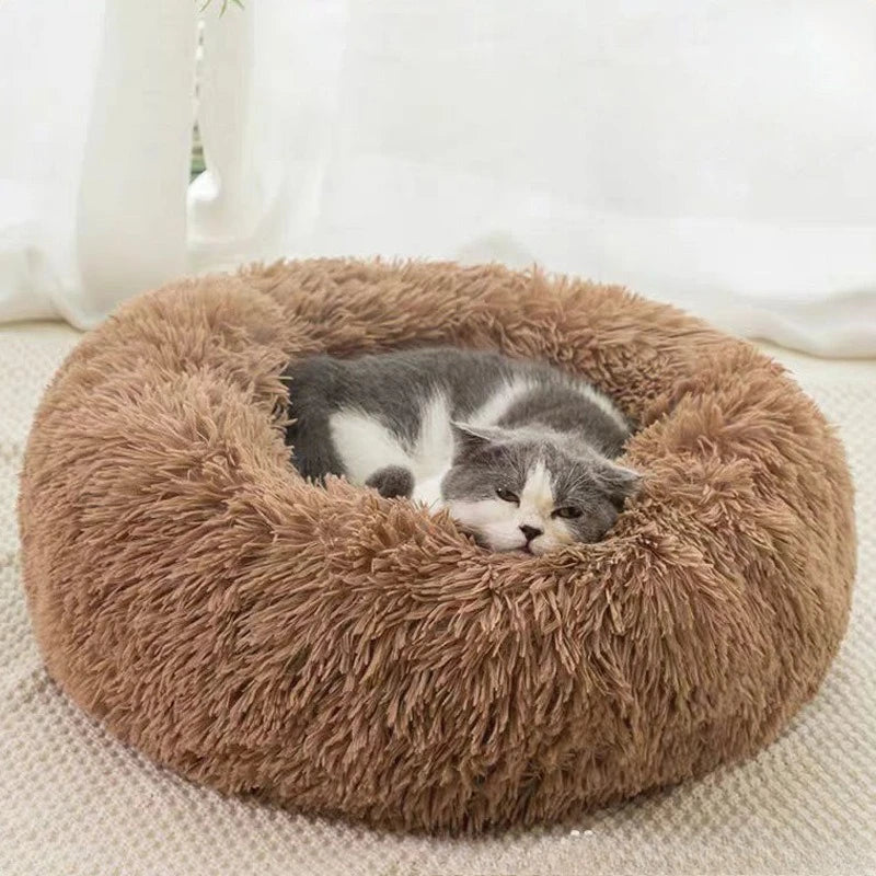 Striped Plush Pet Bed Round Nest Soft Warm Bed for Cats and Dogs