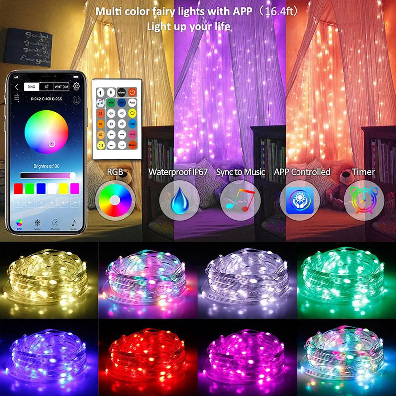 Bluetooth RGB LED String Lights Rainbow Flowing Copper Wire Festive Decor