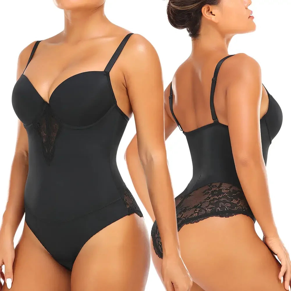 Womens Lace Bodysuit Shapewear V Neck Body Shaper with Bra