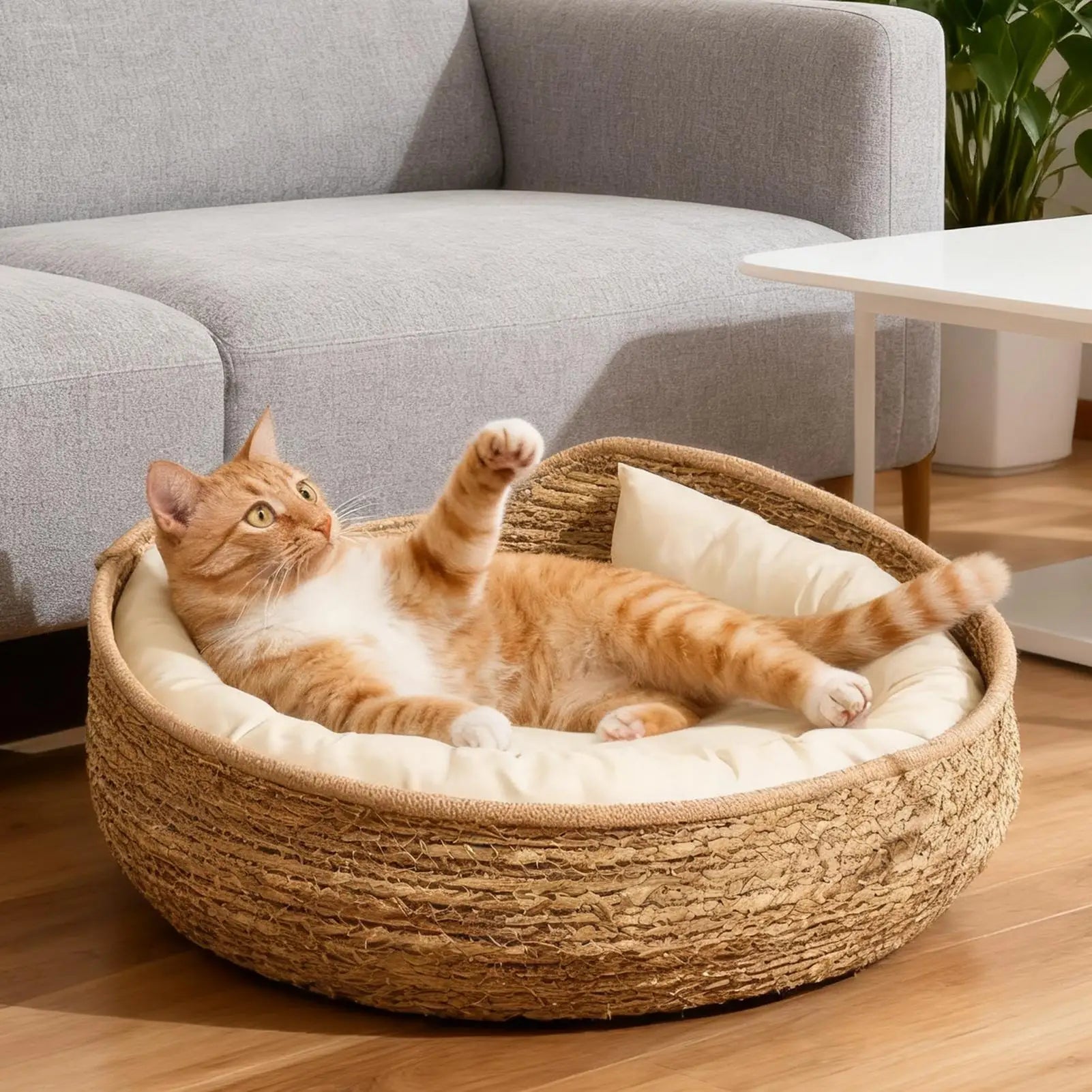Soft Pet Bed Bamboo Woven Cat Dog Sofa with Removable Cushion