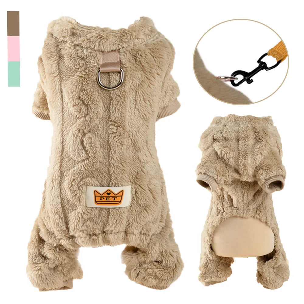 Warm Flannel Fleece Dog Jumpsuit with D Ring for Small Medium Dogs