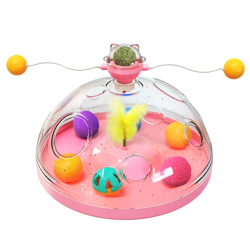 Interactive Cat Puzzle Toy Spinning Track Ball and Feather Teaser
