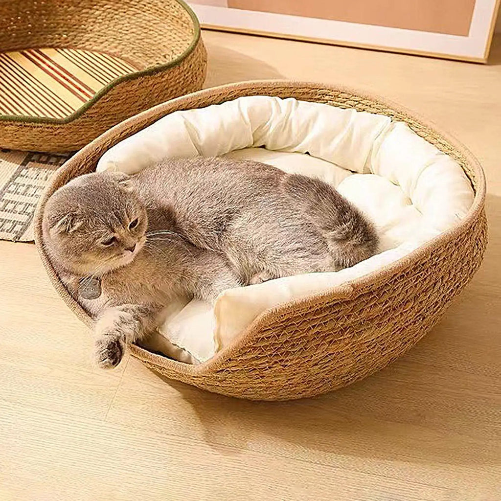 Soft Pet Bed Bamboo Woven Cat Dog Sofa with Removable Cushion